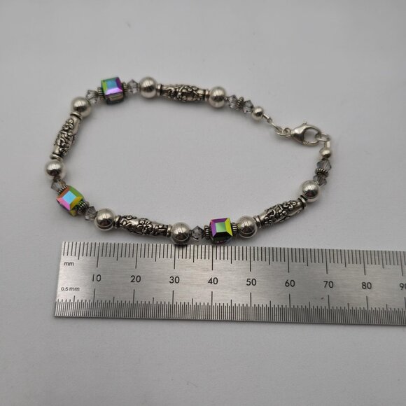 7.5 Inch Sterling Silver Crystal Cubes And Flower Accents Bracelet B485 - Picture 4 of 5